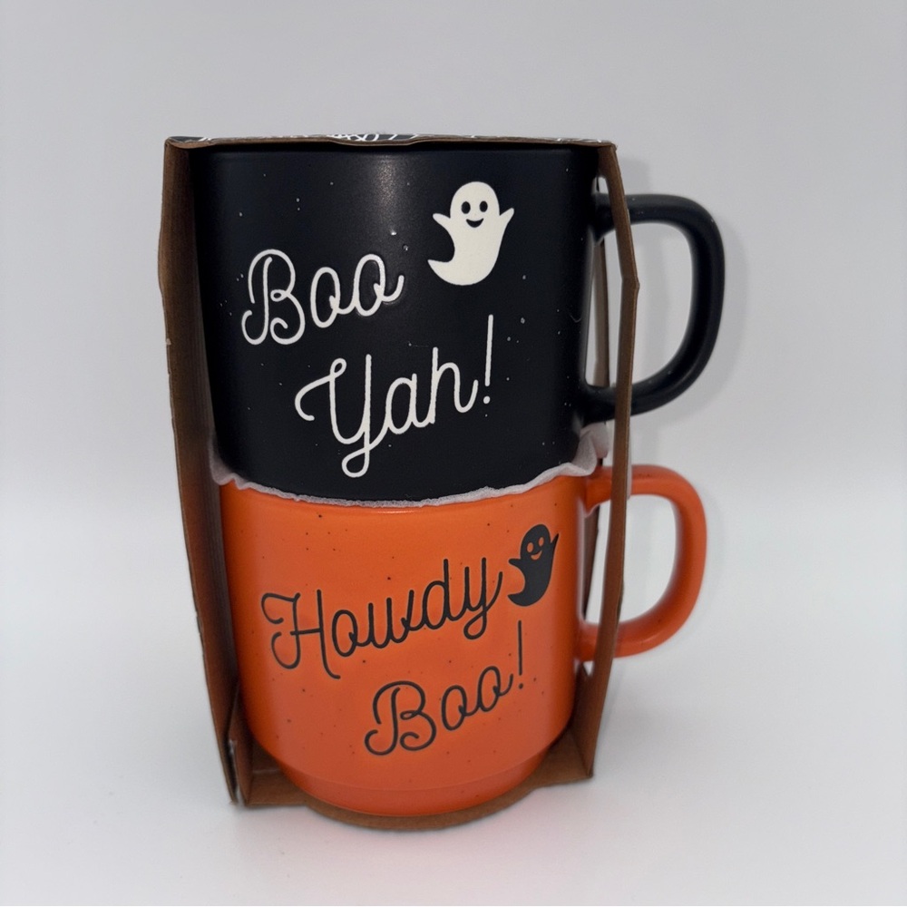 Ghost Themed Black and Orange Mugs Set Halloween Cobwebs & Cauldrons